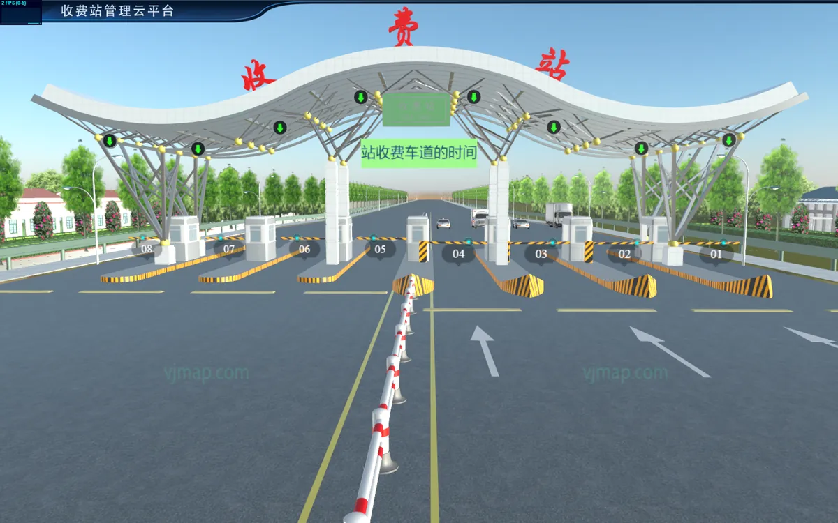 VJMAP3D 应用案例：收费站管理云平台三维场景（模型、车道、闸机与标注）