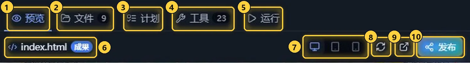 右侧面板的页签与预览工具栏