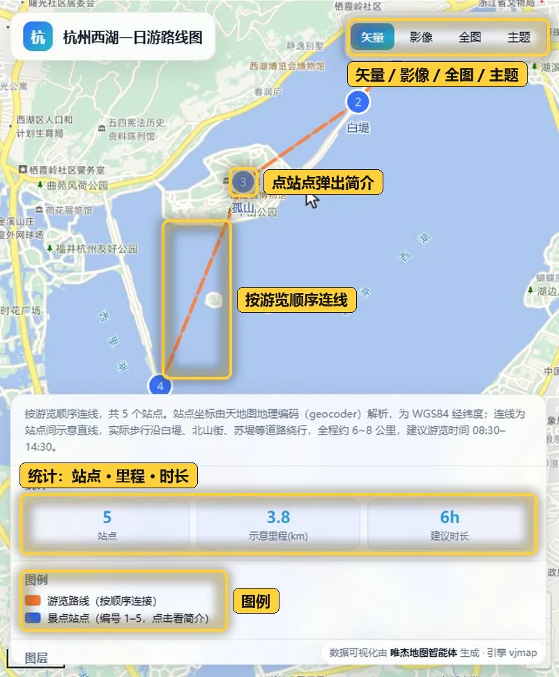 一句话生成的杭州西湖一日游路线图