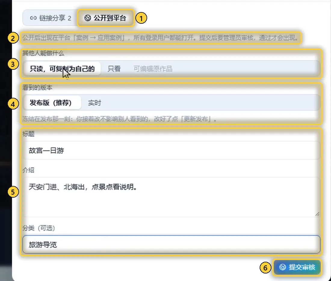 「公开到平台」页签