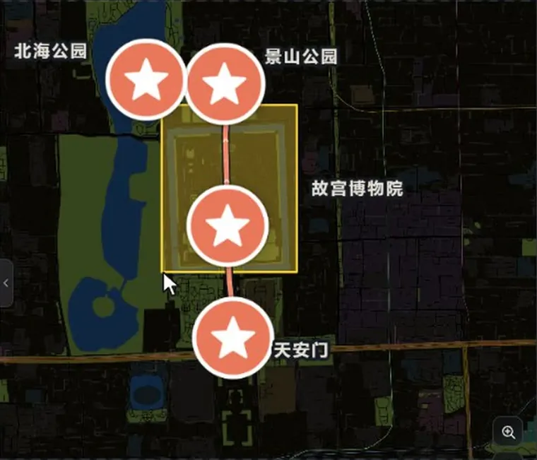 在截取的在线地图上画的故宫一日游导览图