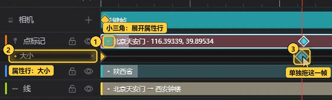 展开属性行，单独拖动某一帧