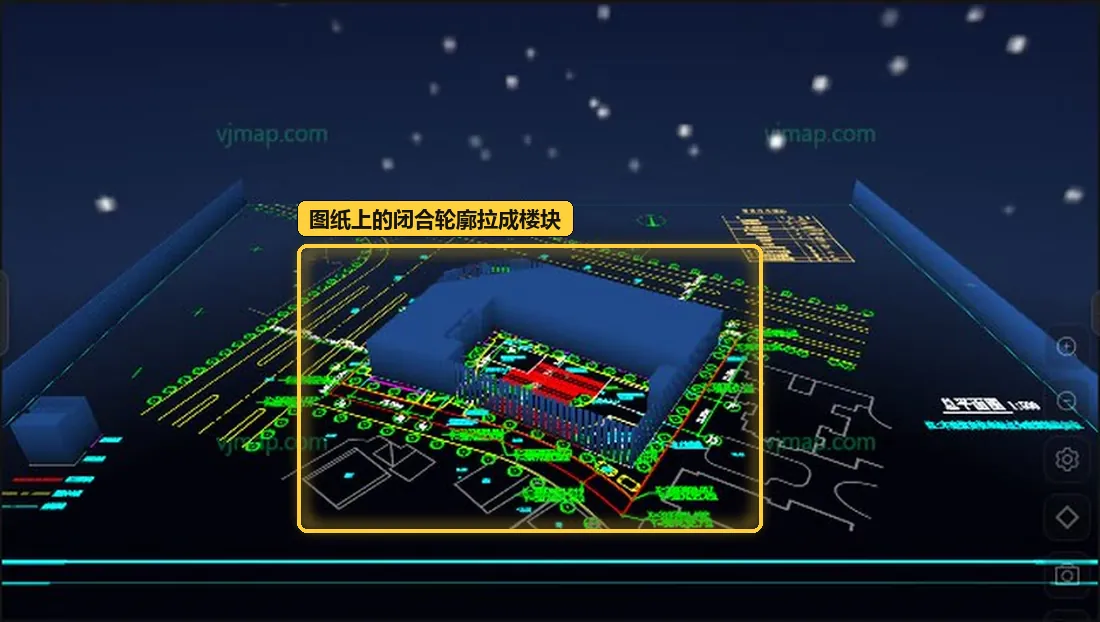 三维场景:图纸铺底,轮廓拉成楼块