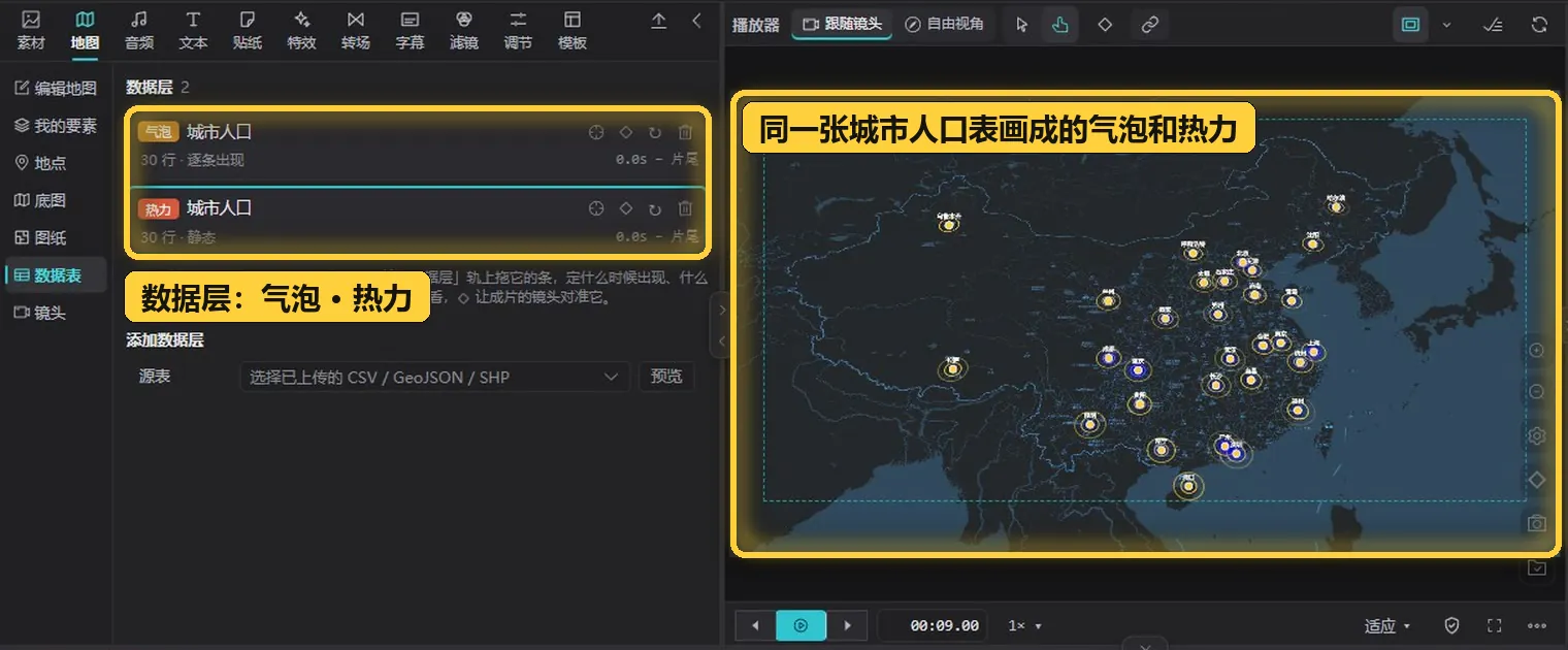 一张城市人口表画成气泡和热力