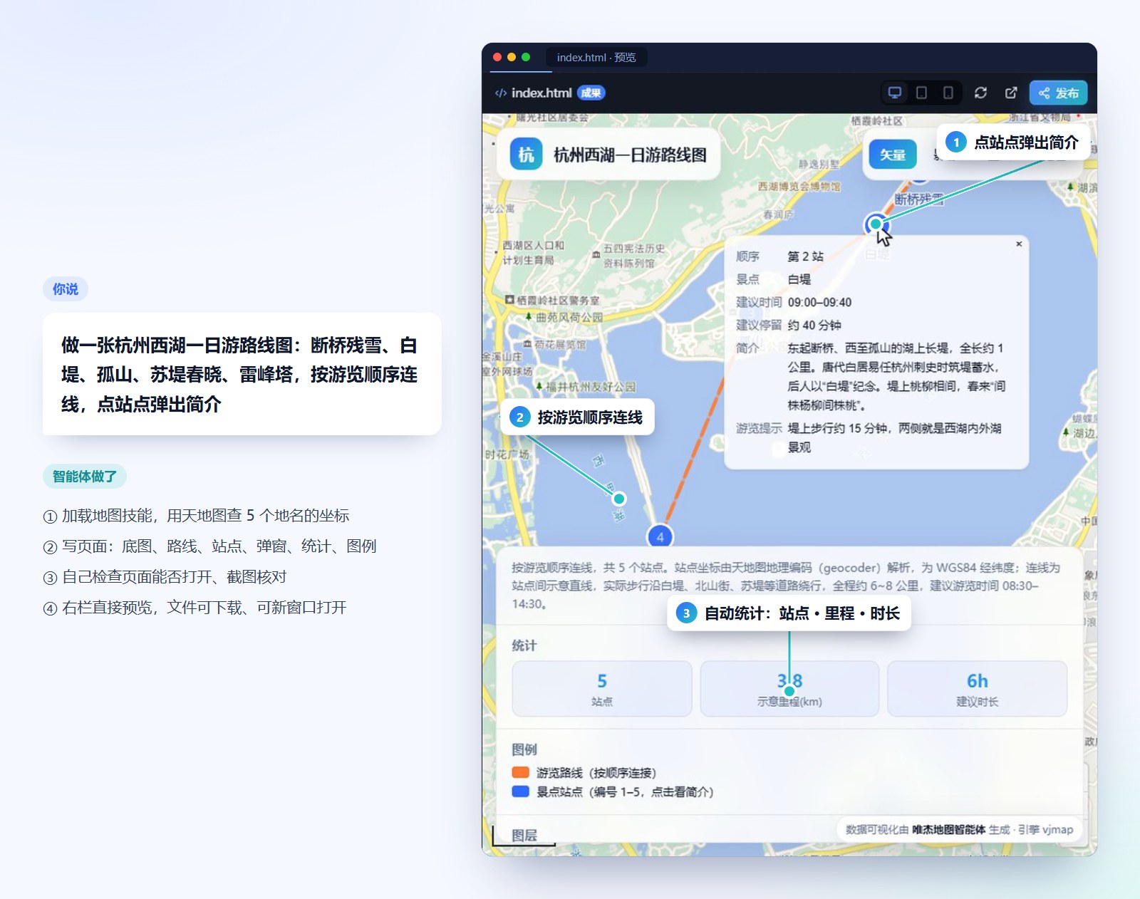 一句话生成的西湖一日游路线图